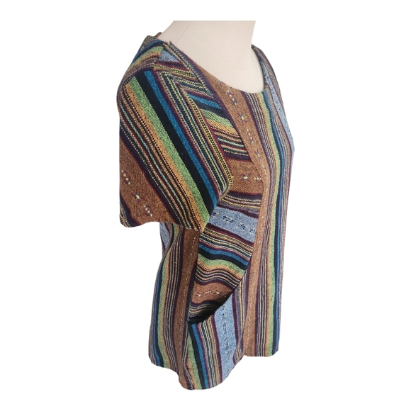 BoHo Hippie Drug Rug Carpet Striped Multicolor Short Sleeve Dress with Pockets L - Picture 9 of 11